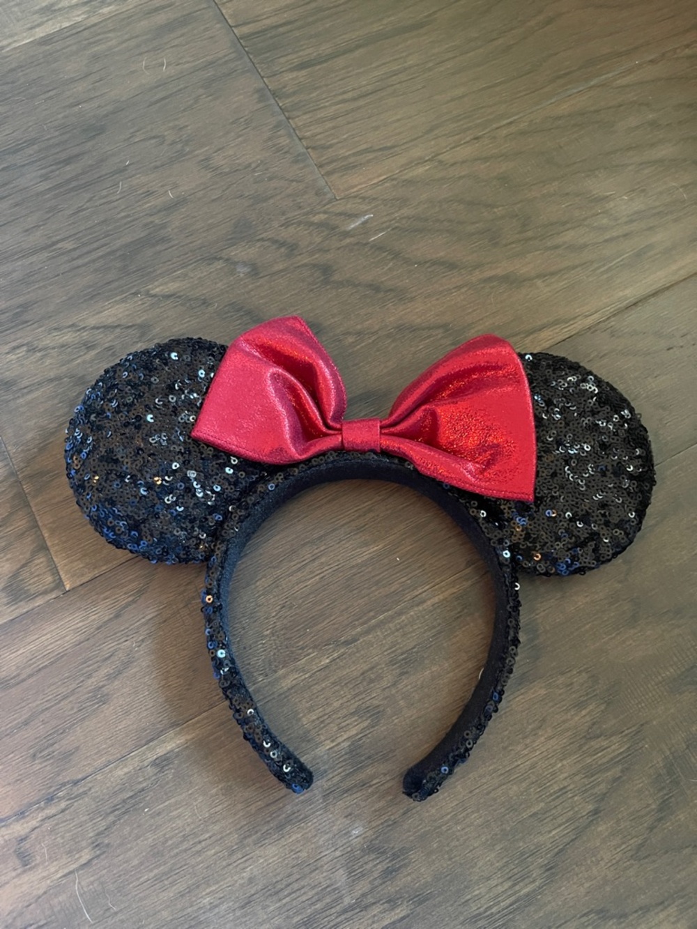 Black Sequin Minnie Mouse Ear Headband with Red Bow